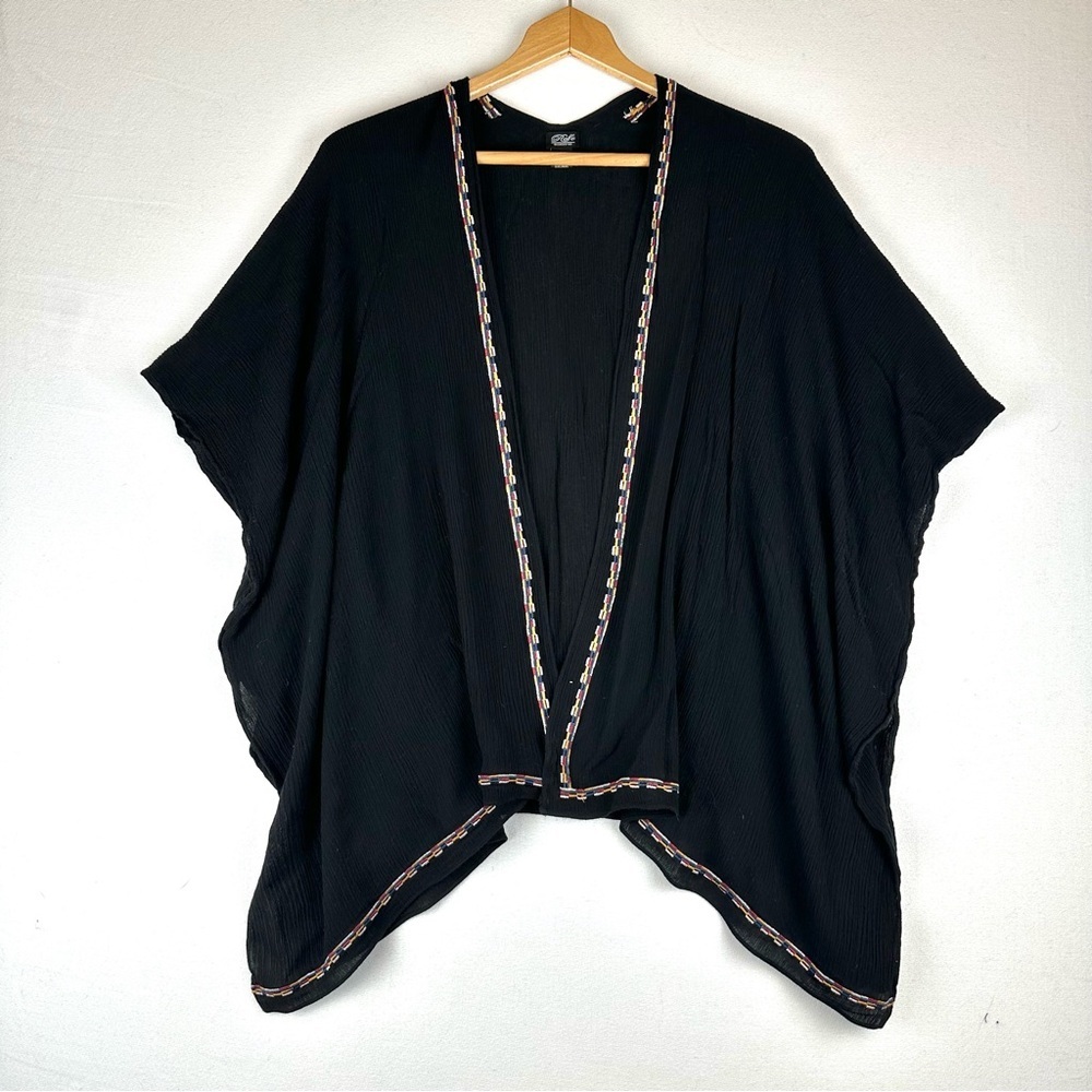 Roffe Embroidered Border Open Front Crinkle Cardigan Jacket Lightweight Boho